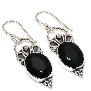 Gift For Anniversary Black Onyx Gemstone Sterling Silver Earrings Oval Black Onyx Gemstone Jewelry Earrings Dangle/Drop Earrings For Her