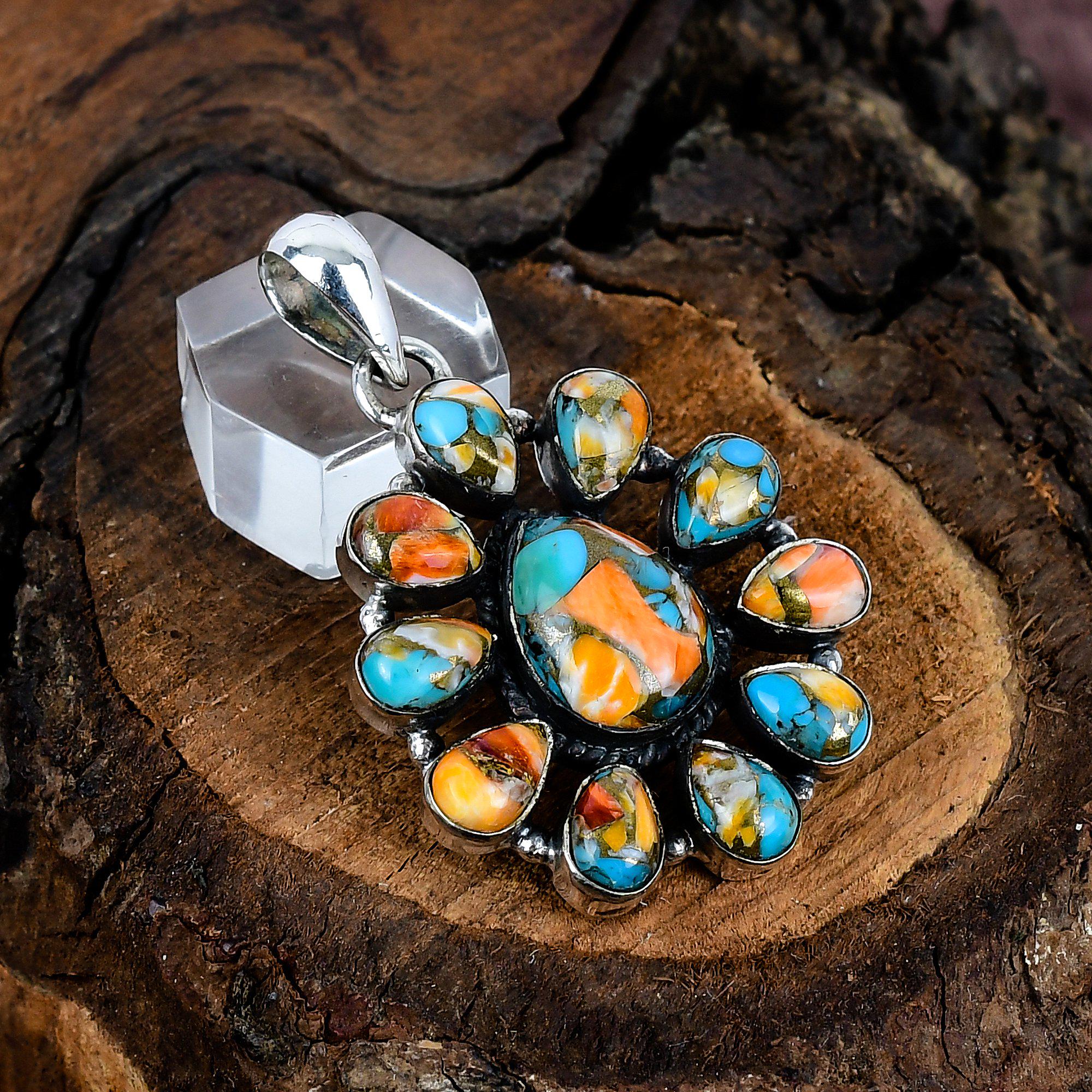 Spiny Oyster Turquoise Pendant Handmade Sterling Silver Navajo Pendant Gemstone Pendant Southwestern Jewelry Turquoise Gemstone Pendant