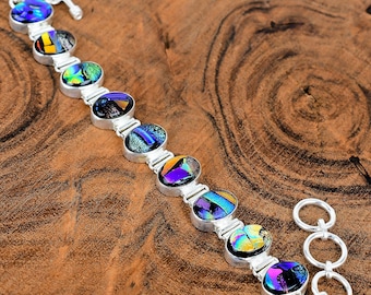 Pulsera de piedras preciosas de vidrio dicroico, pulsera de plata hecha a mano, pulsera de piedras preciosas de vidrio dicroico de plata esterlina, regalo para novia