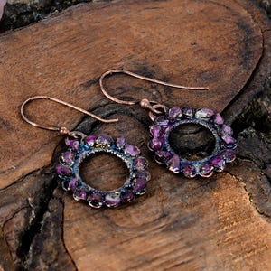 Pendientes de turmalina rosa, joyería de cobre electroformado, pendientes de turmalina rosa en bruto, pendientes de cobre electroformado