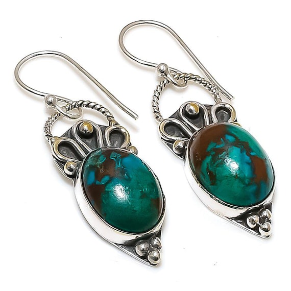 Cuprite Chrysocolla Gemstone Earrings Chrysocolla Gemstone Sterling Silver Earrings Handmade Silver Earrings Cuprite Chrysocolla Earrings