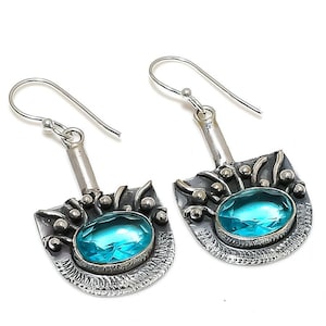 Blue Topaz Gemstone Earrings Blue Topaz Sterling Silver Earrings Jewelry Blue Topaz Stone Handmade Dangle/Drop Silver Earrings