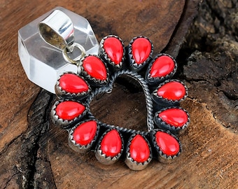 Sterling Silver Pendant Red Coral Gemstone Pendant Heart Shape Pendant Coral Gemstone Jewelry Pendant Red Coral Stone Handmade Pendant