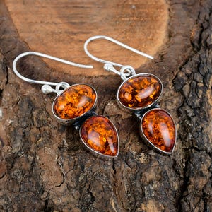 Amber Stone Earrings Baltic Amber Gemstone Sterling Silver Earrings Gift For Christmas Dangle/Drop Silver Earrings Baltic Amber Earrings