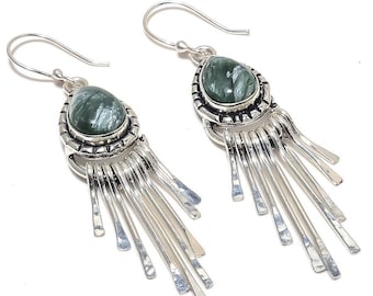 Seraphinite Earrings Gemstone Silver Earrings Genuine Seraphinite Earrings Handmade Sterling Silver Dangle Earrings For Women's Gift