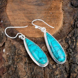 Tibetan Turquoise Earrings Turquoise Gemstone Sterling Silver Earrings Dangle/Drop Silver Earrings Kingman Turquoise Earrings Gift For Love
