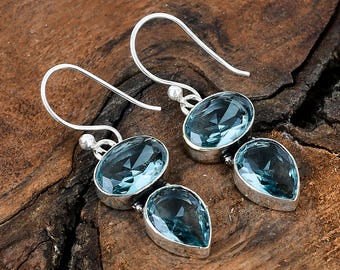 Aquamarine Gemstone Sterling Silver 925 Earrings Dangle/Drop Silver Earrings Aquamarine Stone Handmade Silver Earrings Jewelry For Her