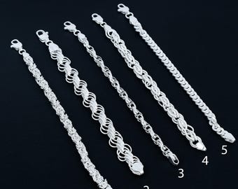 925 Silver Plated Chain Bracelet Women Men, Byzantine, Cable