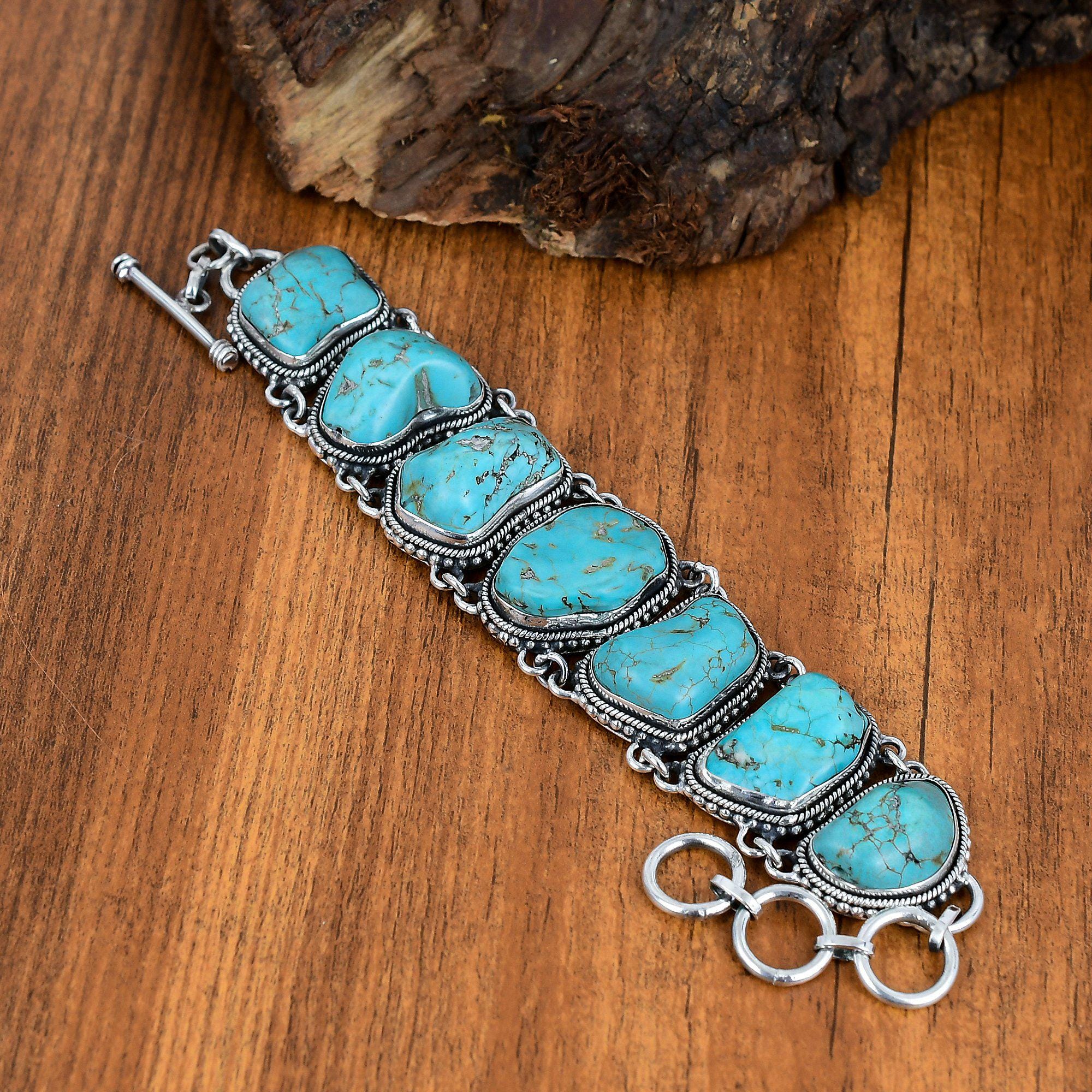 Tibetan Turquoise Gemstone Handmade Sterling Silver Bracelet
