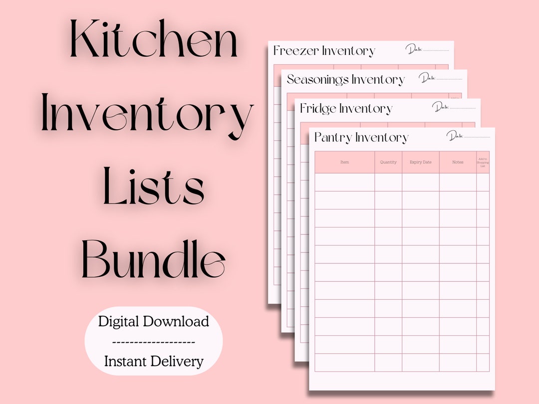 Kitchen Inventory Lists, Printable PDF Organiser, Menu Prep, Kitchen Aid, Pantry, Fridge