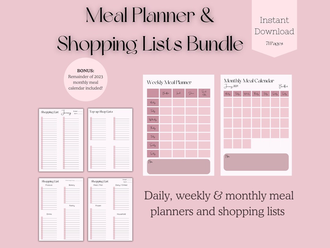 Meal Planner & Shopping Lists Bundle, Printable PDF Organiser, Daily ...