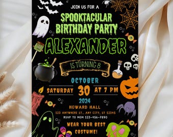 Halloween Birthday Invitation Canva, Spooky Kids Party Invite Template, Editable Black Green Halloween Invite, Printable Digital Download