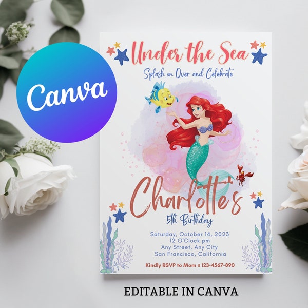 Editable Digital Princess Ariel Birthday Invitation Download for Print or Text 5x7, The little Mermaid Princess party Invitation Template
