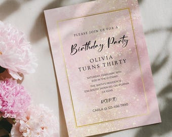 May include: A pink birthday party invitation with gold accents and the text "Birthday Party." The invitation includes details for Olivia's thirtieth birthday, with a floral arrangement of pink peonies in the foreground.