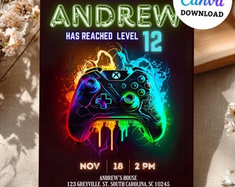 Video Game Birthday Invitation Boy, Neon Glow Gamer Party Invite Canva, Editable Kids Gaming Birthday Template, Printable Digital Download