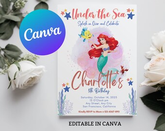 Invito di compleanno digitale modificabile della principessa Ariel Scarica per stampa o testo 5x7, modello di invito alla festa della principessa sirenetta