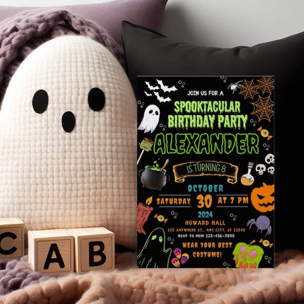Halloween verjaardagsuitnodiging Canva, Spooky Kids Party uitnodiging sjabloon, bewerkbare zwart groene Halloween uitnodiging, afdrukbare digitale download