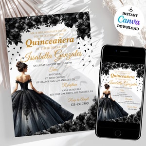Black and Gold Quinceañera Invitation: Butterfly Floral Template (Digital Download)
