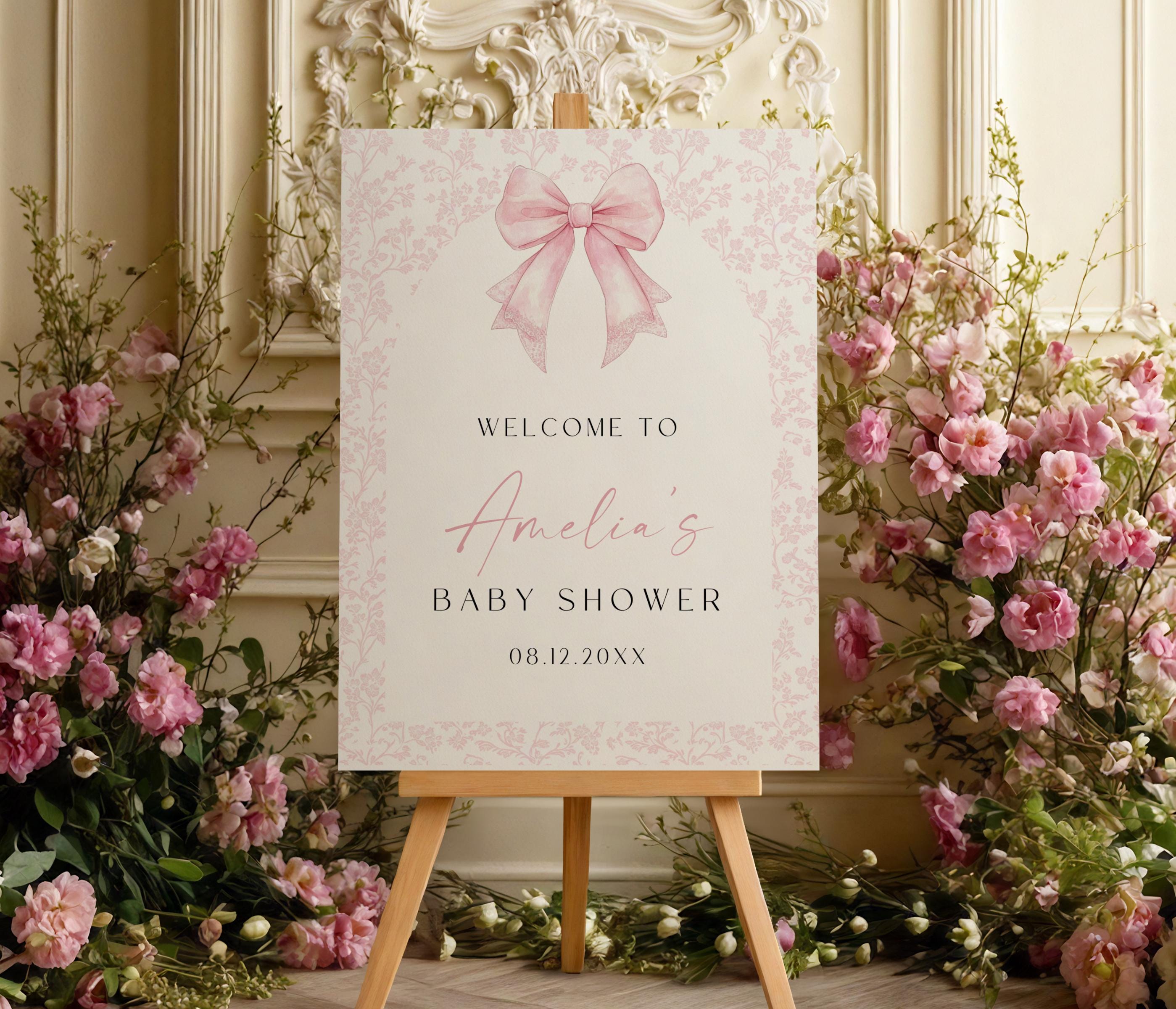 Pink Bow Floral Baby Shower Welcome Sign Template, Elegant Bow Baby ...