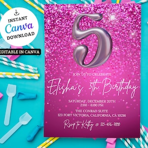 Pink Glitter 5th Birthday Invitation: Rainbow Foil (Digital Evite)