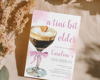 Invitación de cumpleaños "A Tini Bit Older", invitación a un martini espresso, cumpleaños coqueto, invitación editable a un martini para adultos, editable en Canva