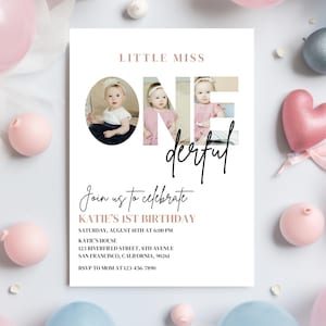 Modifiable 1er anniversaire Photo Invitation garçon fille fête d'anniversaire fille premier anniversaire Invitation modèle minimal d'invitation de 1er anniversaire