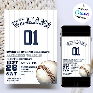 Editable Baseball Birthday Invitation, Baseball Invites, Instant Download Baseball Invitations, Digital File, navy blue red boy party invite