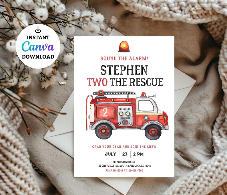 Fire Rescue Invitations Editable Firetruck Invitation, TWO the Rescue, Fire Truck Birthday ...