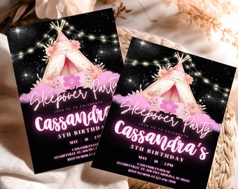May include: A pink and black invitation for a sleepover party. The invitation features a pink and white teepee tent with a pink flower and two teddy bears. The text on the invitation reads "Sleepover Party" and "Join us to celebrate Cassandra's 5th Birthday".