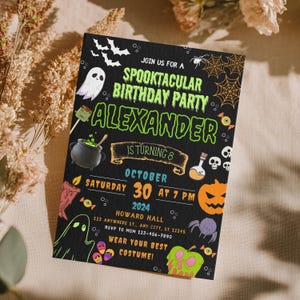 May include: A Halloween party invitation with a black background and spooky illustrations. The text announces a "Spooktacular Birthday Party" for Alexander, who is turning 8. Features ghosts, pumpkins, and spiders. The date is October 30, 2024.