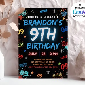 May include: A black and white birthday invitation with colorful paint splatters and the text "Join us to celebrate Brandon's 9th Birthday" in blue and white. The invitation includes the date, time, and location of the party.