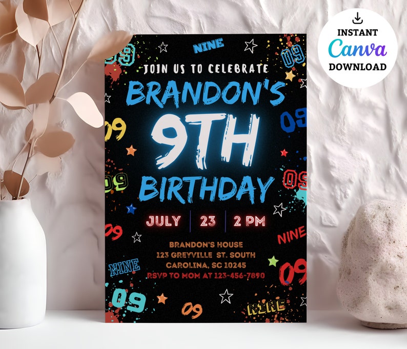 May include: A black and white birthday invitation with colorful paint splatters and the text "Join us to celebrate Brandon's 9th Birthday" in blue and white. The invitation includes the date, time, and location of the party.