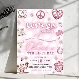 Let&#39;s Go Girls Birthday Invitation Template Editable Hot Pink Cowgirl Birthday Party Disco Rodeo Western Invite Space Cowgirl
