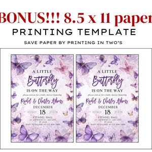 May include: A baby shower invitation template with a butterfly theme. The design features purple butterflies and the text "A Little Butterfly Is On The Way." The invitation includes details for Rachel & Charles Adams' baby shower on December 18th.