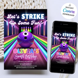 Modelo de convite para festa de aniversário de boliche, comemoração de pista de boliche para crianças, convite de aniversário de boliche, convite de boliche brilhante, comece a se divertir