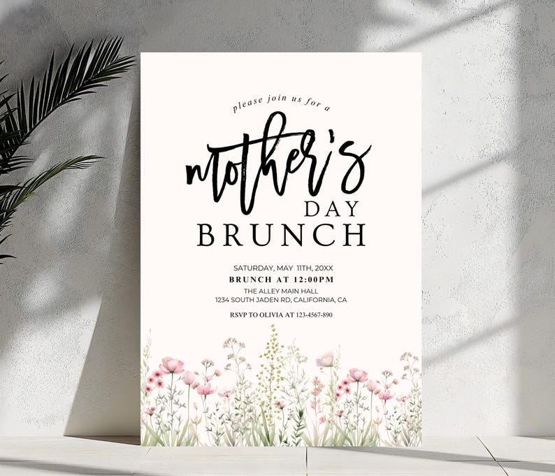 May include: A white invitation with black text for a Mother's Day brunch. The invitation includes the date, time, location, and RSVP information. The background features a watercolor floral design.