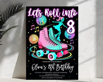 Skate Party Invitation, Neon Roller Skate Birthday Party, Editable Roller Skates Birthday Invitation, Glow Roller Skating Party Invite, Neon
