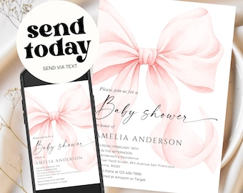Blush Pink Bow Baby Shower Invitation Template Baby Girl Shower Canva Template Elegant Pink Coquette Baby Shower Invitation Instant Download