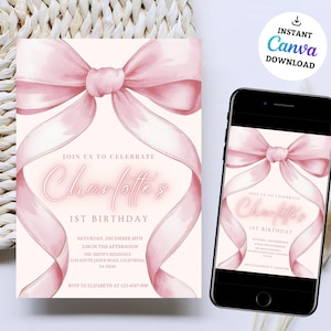 Editable Pink Bow First Birthday Template Printable, Pink Coquette Bow Invitation 1st Birthday Girl Invite, Bow Invite Bow Invite 1st bday