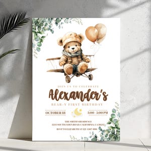 Modèle d'invitation photo modifiable pour le 1er anniversaire, fête d'anniversaire de garçon, invitation de premier anniversaire pour garçon, modèle minimal d'invitation pour le 1er anniversaire