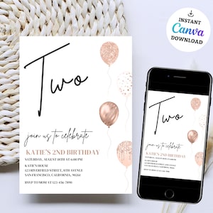 2nd Birthday Invitation: Girl Party, Editable Canva Template (Digital Download)