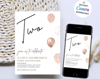 2nd Birthday Invitation: Girl Party, Editable Canva Template (Digital Download)