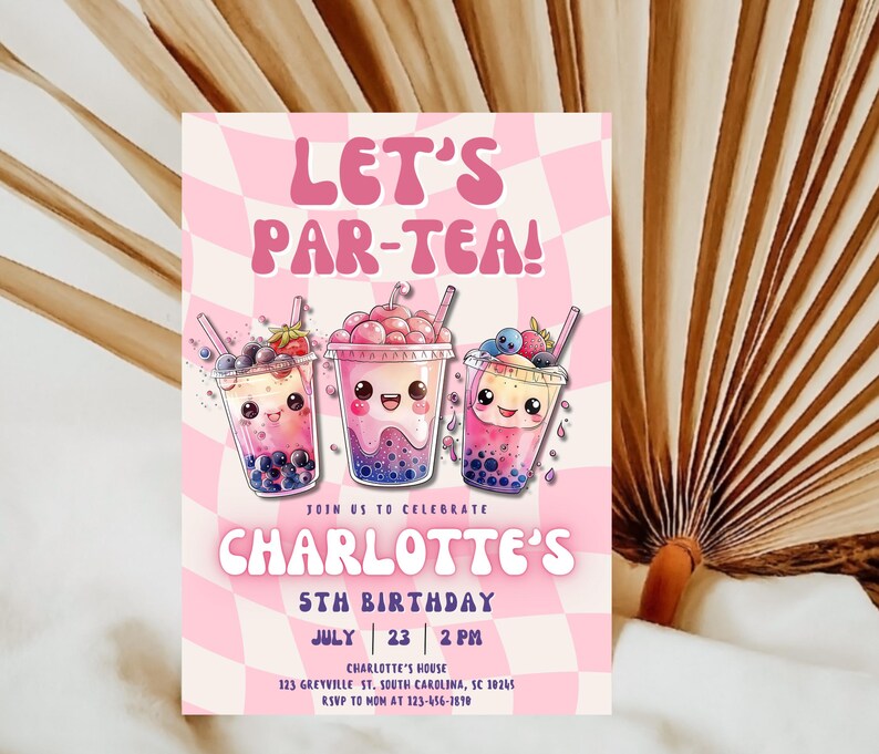 Par-Tea Invitation Boba Tea Birthday Invitation Template, Boba Birthday Invitation, Boba Birthday Party, Editable, Milk Tea Birthday Invite image 2