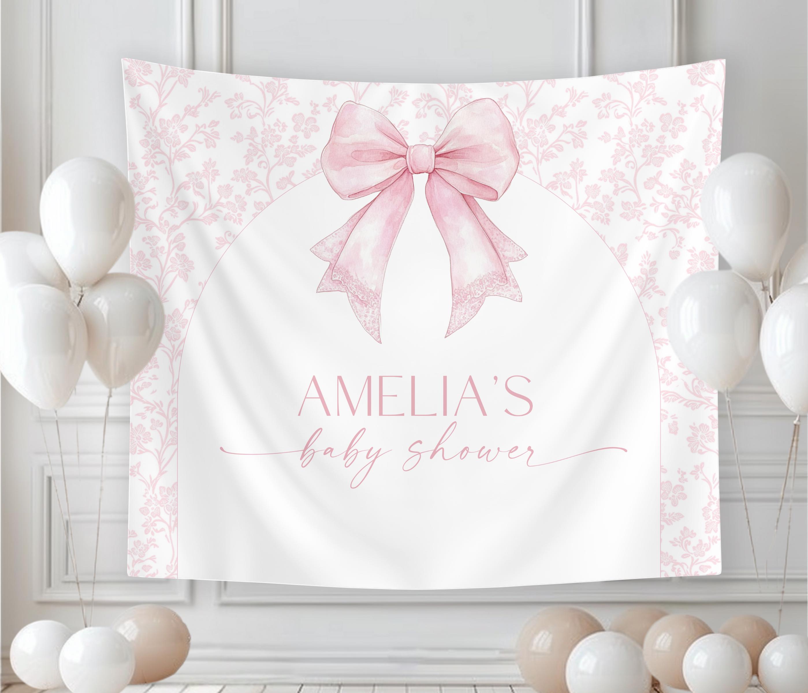 Pink Bow Floral Baby Shower Backdrop Sign Template, Elegant Bow Baby ...