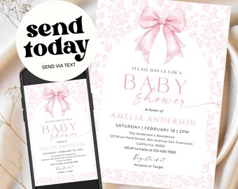 Pink Bow Floral Toile Baby Shower Invitation Printable, Elegant Chinoiseries, Baby Girl Coquette Bow, Edit all Text with Canva Template