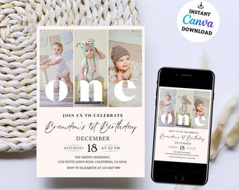 Editable 1st Birthday Photo Invitation Boy Birthday Party Boy First Birthday Invitation Minimal 1st Birthday Invitation Template