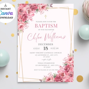 Modèle d'invitation de baptême, modèle d'invitation de baptême rose, faire-part de baptême, carte d'invitation de baptême rose, faire-part de baptême fille