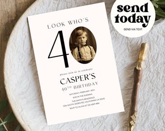 Look who's 40, Minimalist 40th Evite Birthday for Adult Men Invite, Modern Editable 40th Birthday Invite, Men Digital 40th Birthday Evite