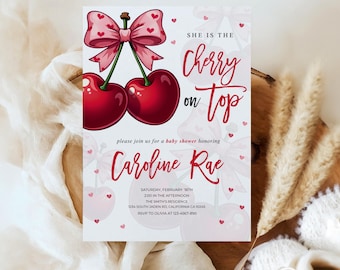 Cherry on Top Baby Shower Invitation Canva, Coquette Pink Bow Baby Girl Template, Editable Cherry Shower Invite, Printable Digital Download