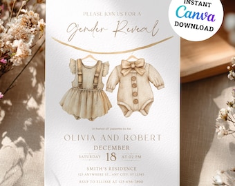 Boho Gender Reveal Invitation, Vintage Baby Clothes Gender Reveal Instant Download, Editable Gender Reveal Invite Template, Neutral Baby